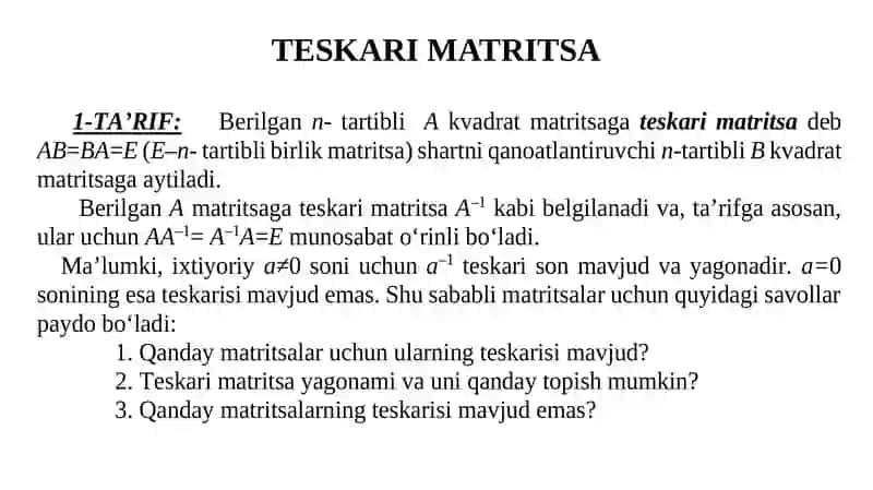 TЕSKARI MATRITSA. MATRITSANING  RANGI 2