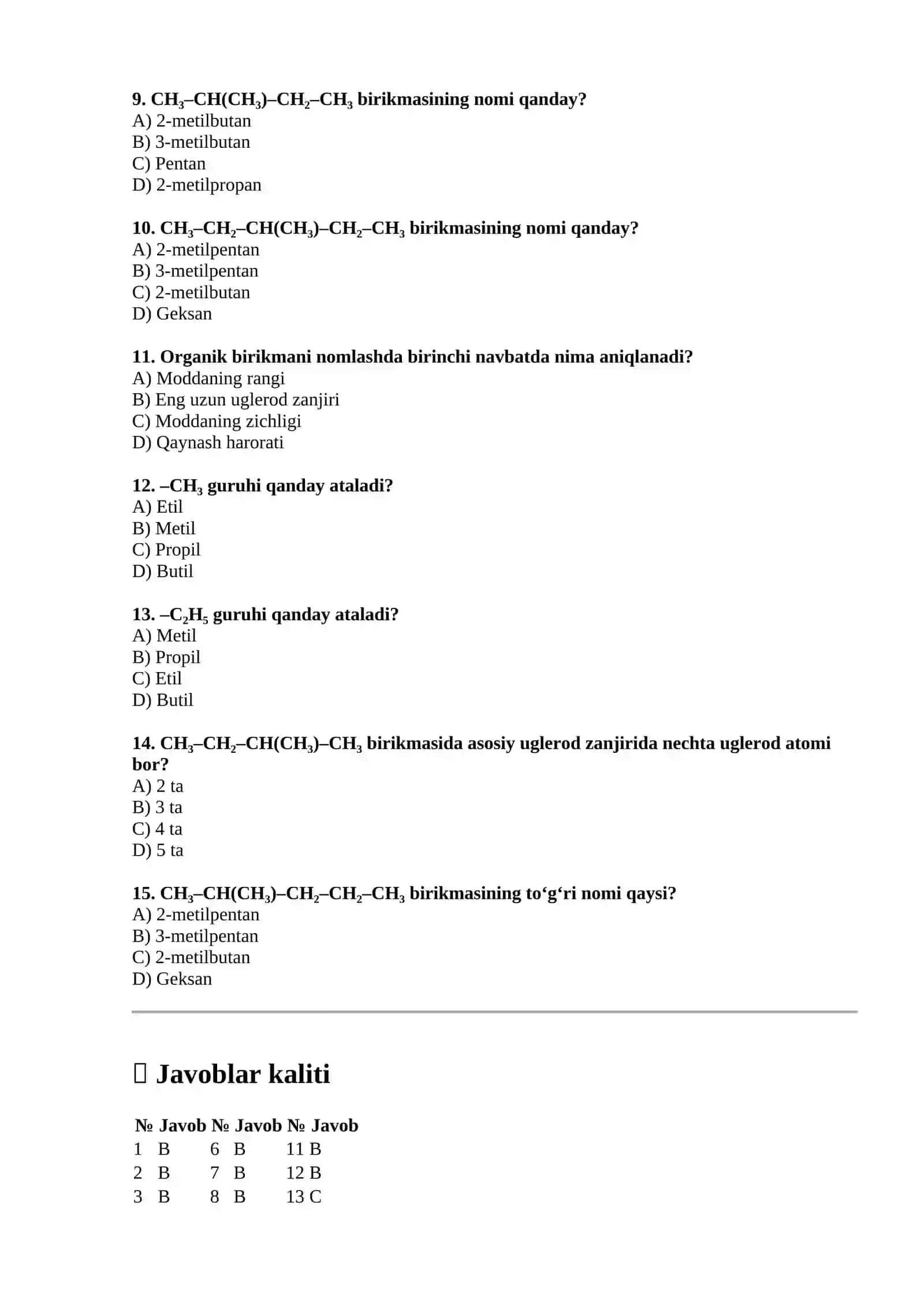 Organik birikmalar nomenklaturasi test savollari 2