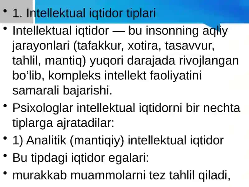 Intellektual iqtidor tiplari. Maxsus iqtidorlilik 2