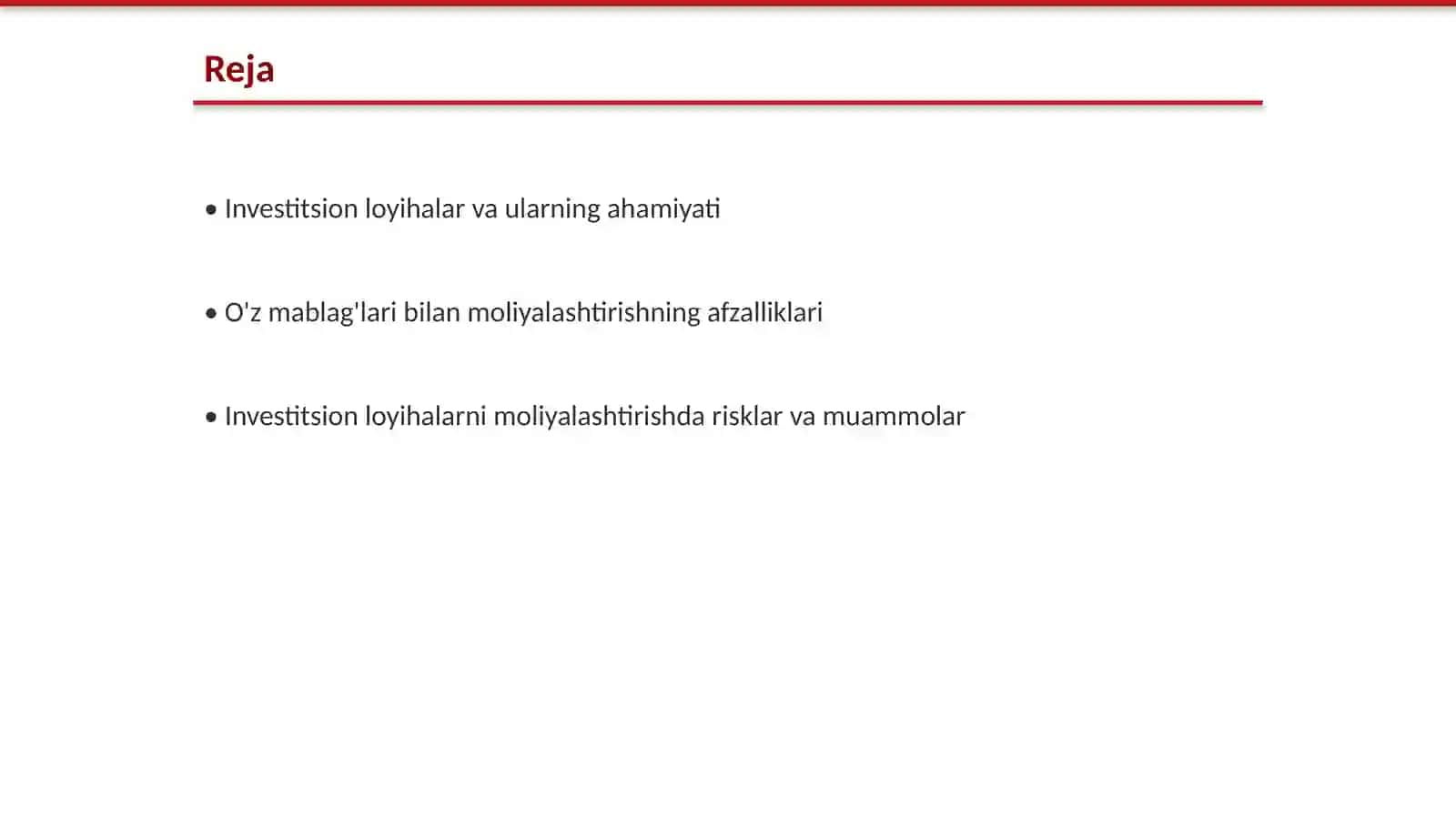 Investitsion loyihalarni òz mablaģlari hisobidan moliyalashtirish 2