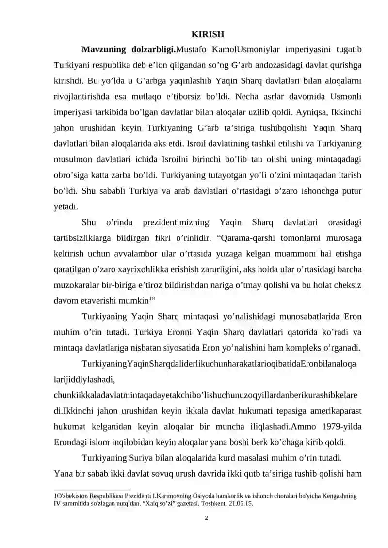 Turkiyaning Yaqin Sharq davlatlari bilan aloqalari tarixi(XX asr ikkinchi yarmi-XXI asr boshi) 2