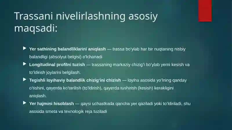 Trassani nivelirlash. 2