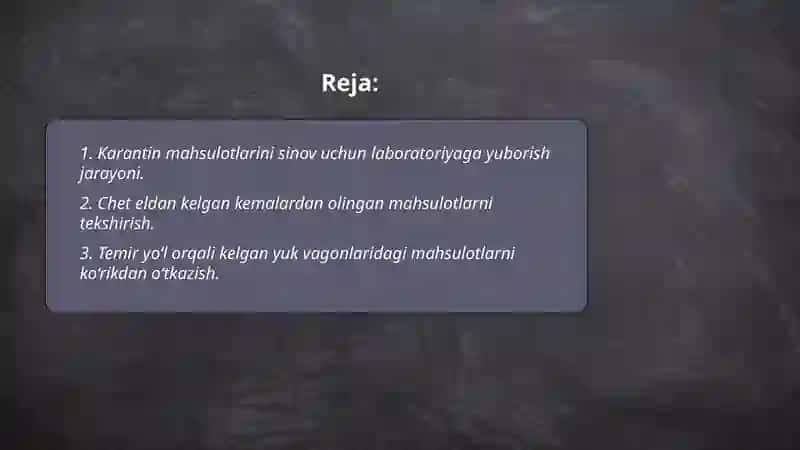 Karantindagi mahsulotlarni koʻrikdan oʻtishi kerak boʻlgan mahsulotlarni labaratoriyalarga olib borish 2