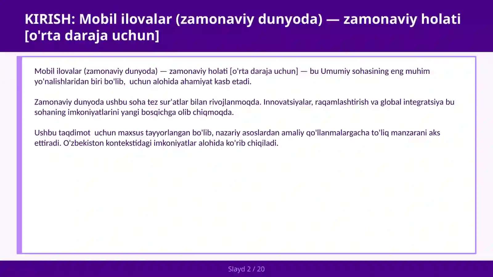 Mobil ilovalar (zamonaviy dunyoda) — zamonaviy holati [o'rta daraja uchun] 2