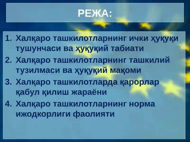 Халқаро ташкилотларнинг ички ҳуқуқи, халқаро ташкилотларнинг ташкилий ҳуқуқий масалалари ва норма ижодкорлиги 2
