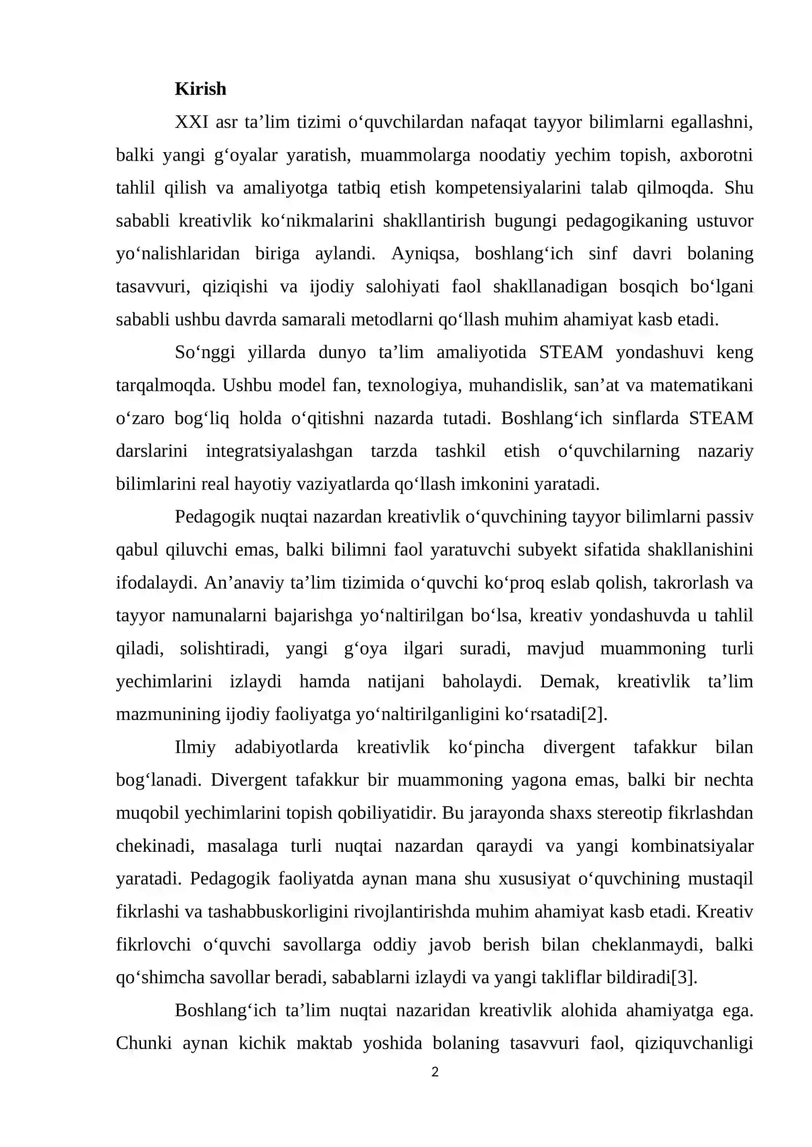 BОSHLАNG‘IСH SINF О‘QUVСHILАRINING KRЕАTIVLIK KО‘NIKMАLАRINI SHАKLLАNTIRISHDА INTЕGRАTSIYАLАSHGАN STЕАM DАRSLАRINI TАSHKIL ЕTISH MЕTОDIKАSI 2
