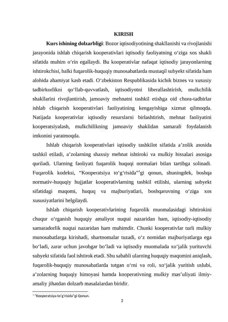 Ishlab chiqarish kooperativlari fuqorolik huquqiy munosabatlarning ishtirokchisi sifatida 2