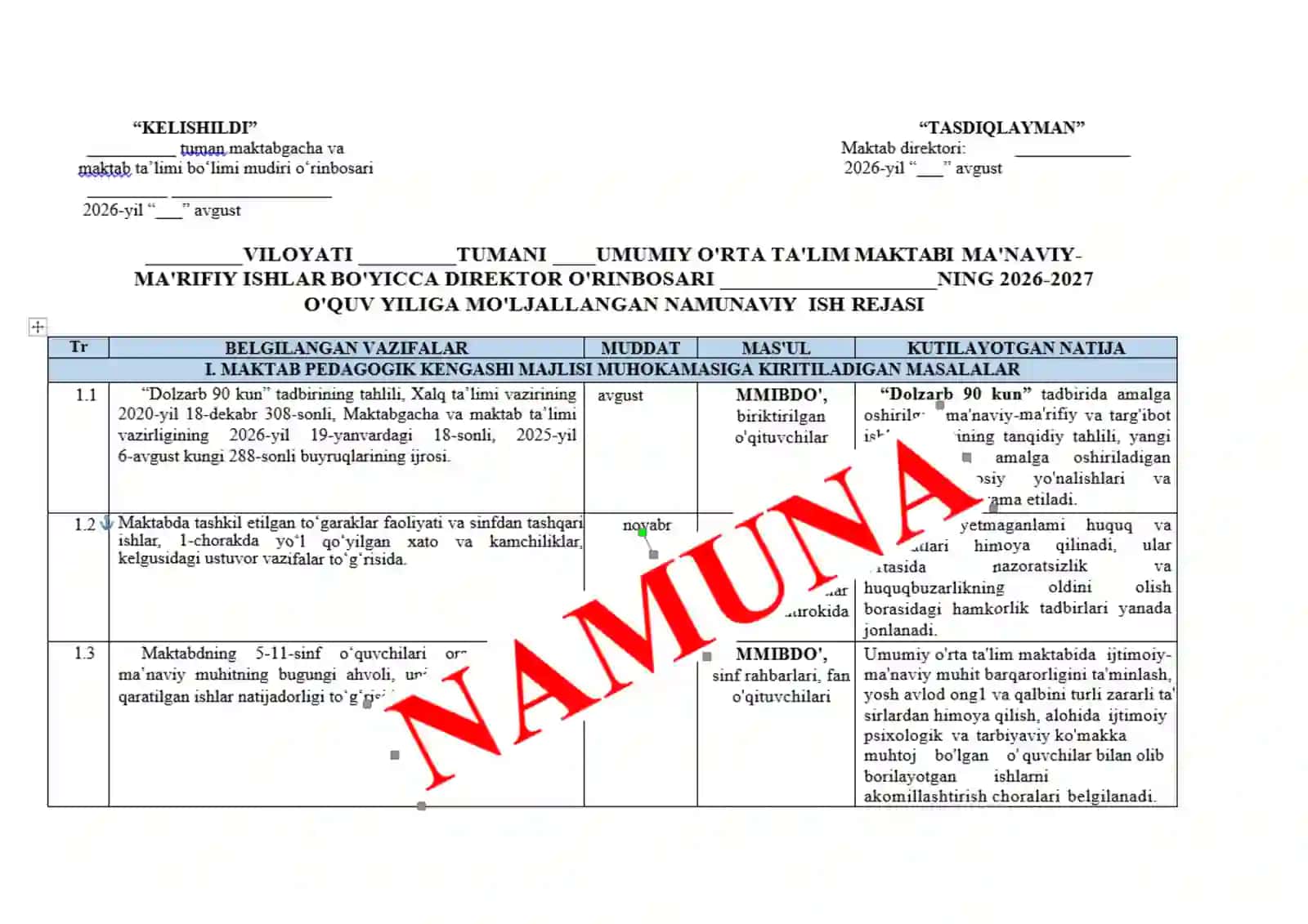 O'IBDO' NING YILLIK ISH REJASIDAN NAMUNA 2026 2