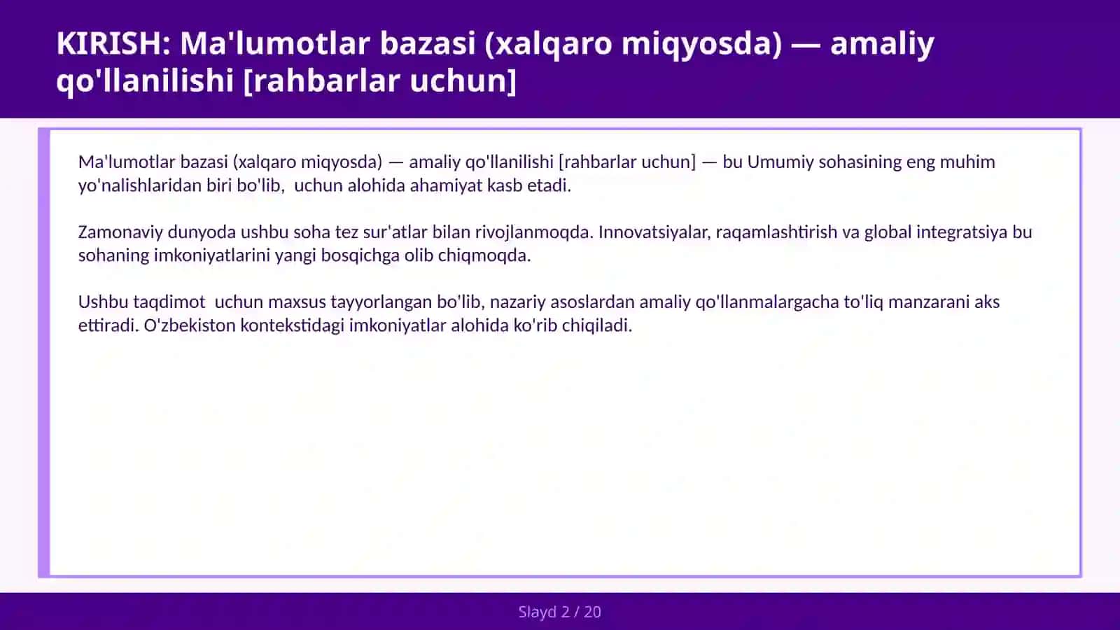 Ma'lumotlar bazasi (xalqaro miqyosda) — amaliy qo'llanilishi [rahbarlar uchun] 2