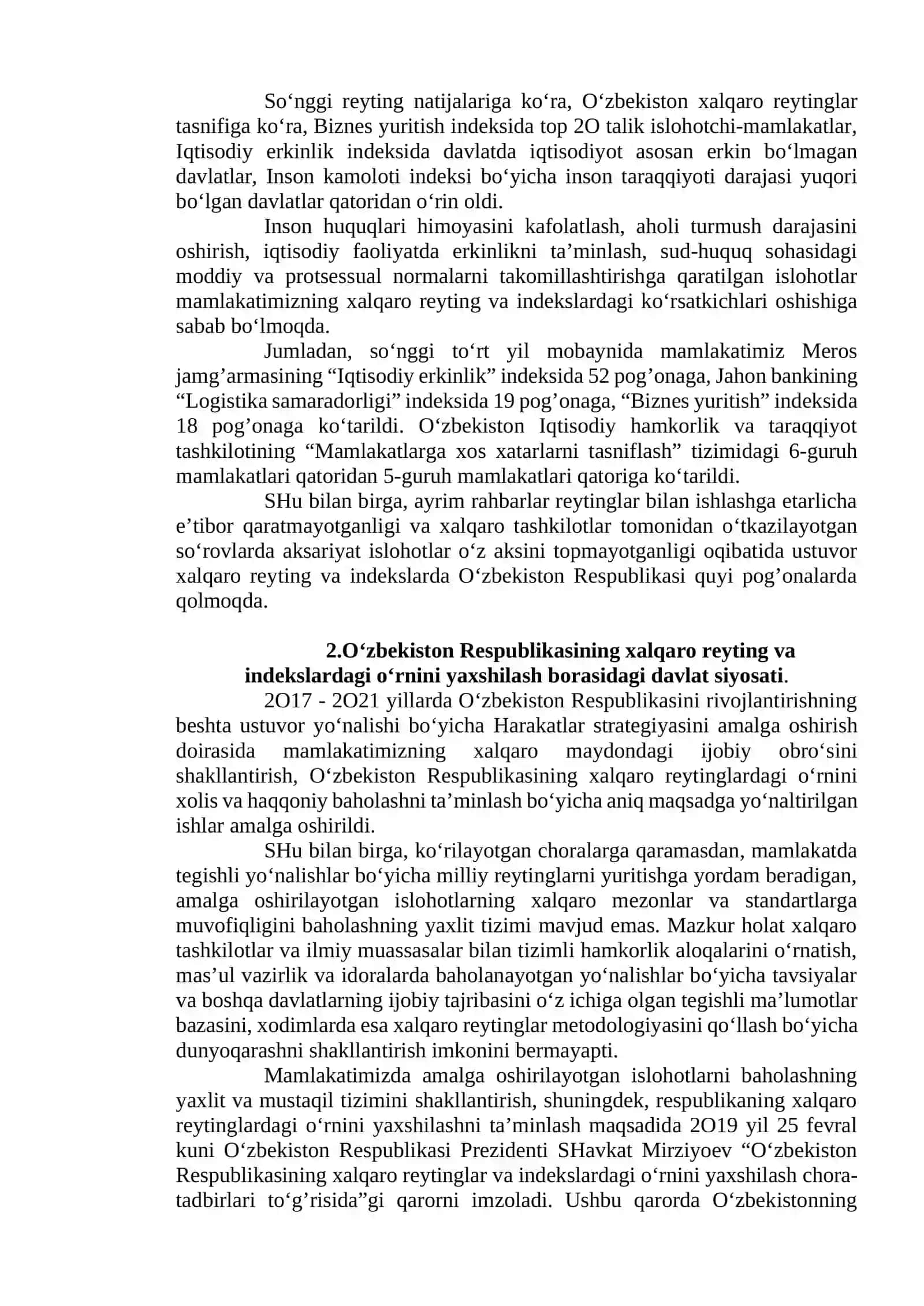 O‘ZBEKISTON IJTIMOIY-SIYOSIY, IQTISODIY VA MADANIY HAYOTIDA ROʻY BERAYOTGAN OʻZGARISHLARNING XALQARO REYTING VA INDEKSLARDA AKS ETISHI 2