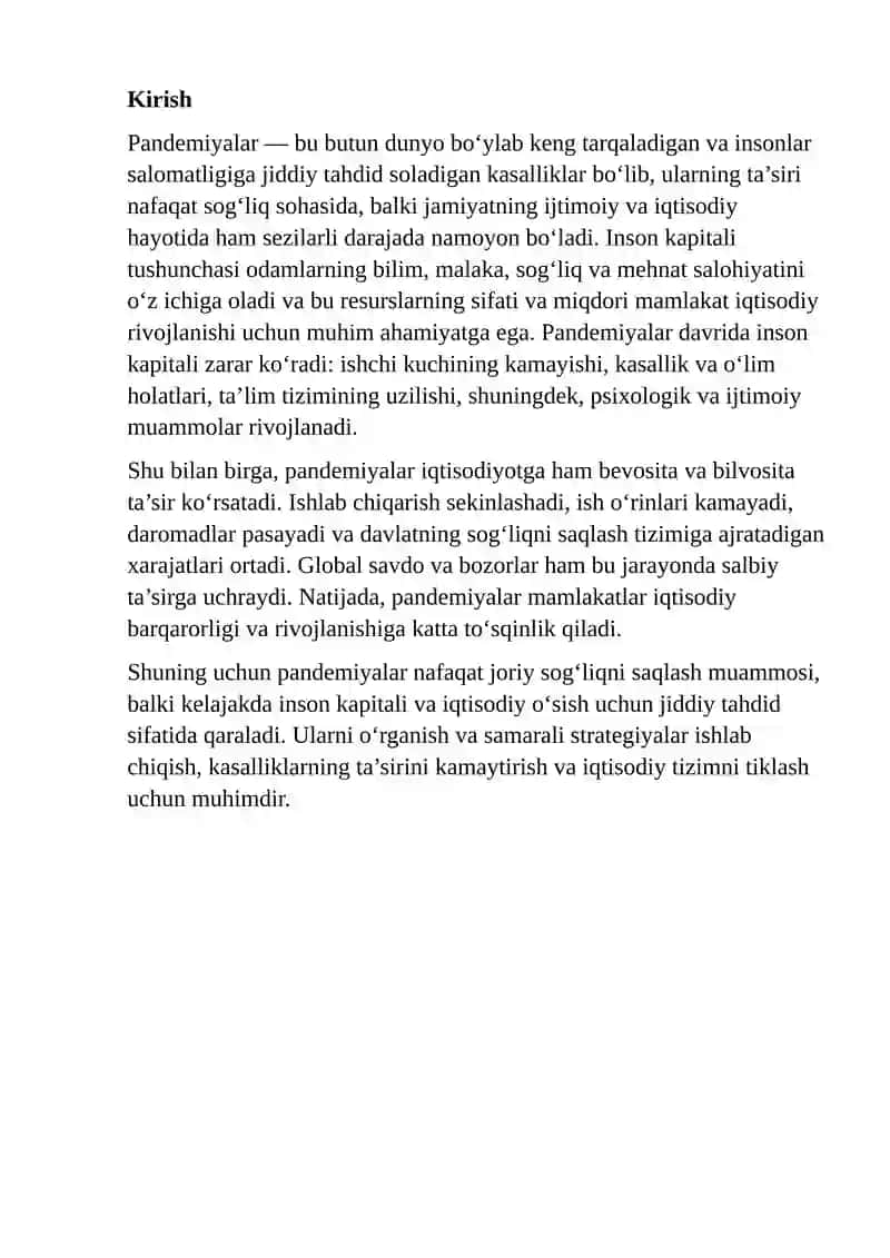 PANDEMIYALARINING INSON KAPITALI VA IQTISODIYOT GA TA'SIRI 2