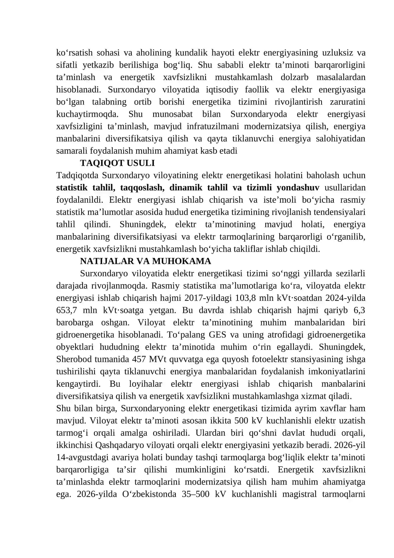 SURXONDARYO MINTAQASIDA ELEKTR ENERGIYASI XAVFSIZLIGINI TA’MINLASH MUAMMOLARI VA RIVOJLANTIRISH ISTI 2