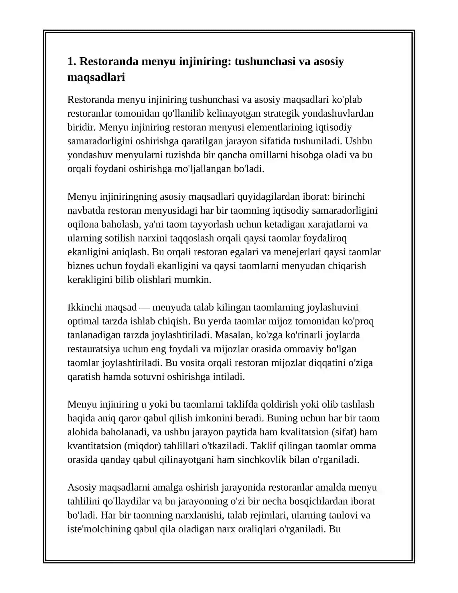 RESTORANDA MENYU INJINIRING FOYDA VA TALAB TAHLILI 2