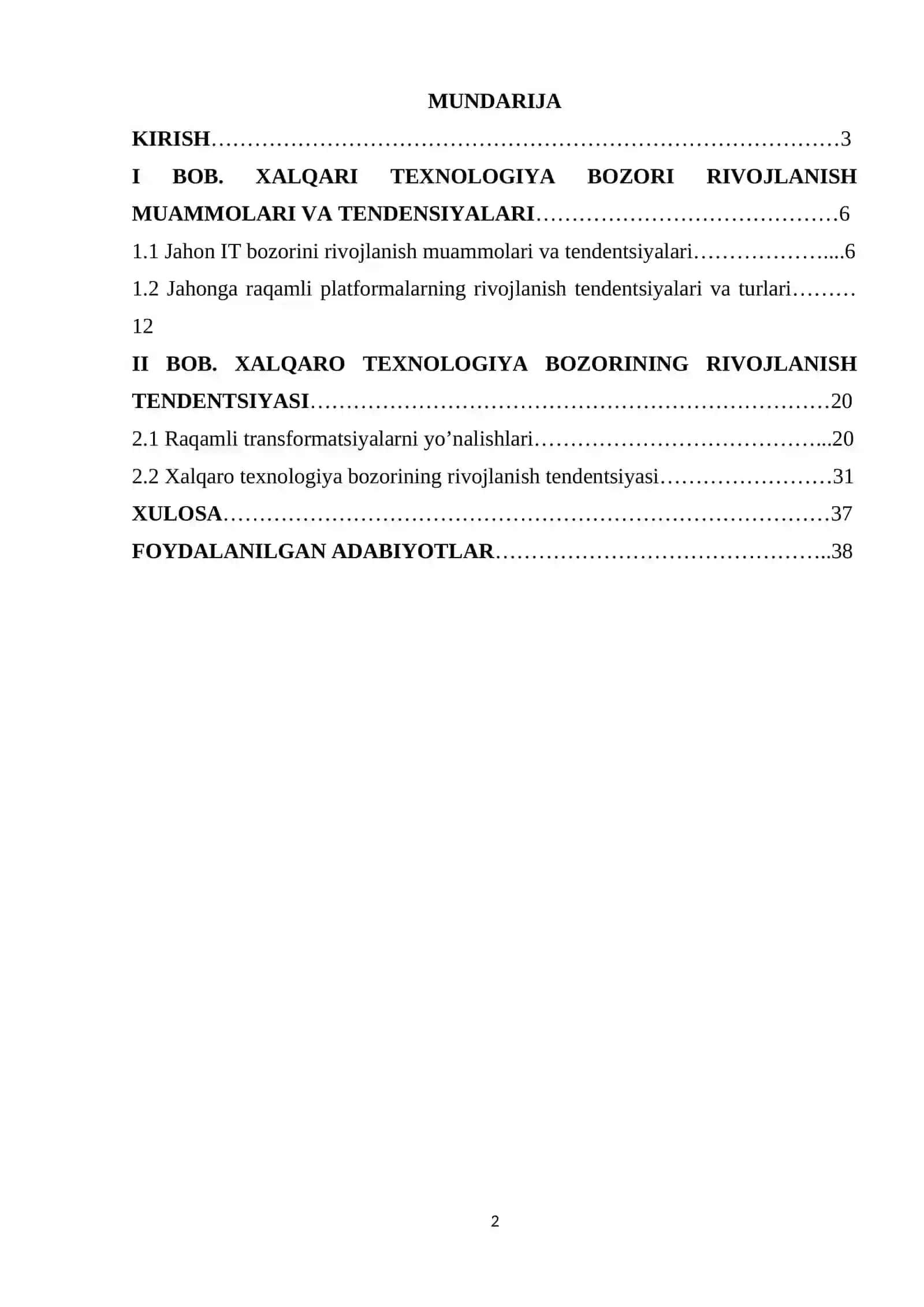 KURS ISHI: Xalqaro texnologiya bozorining rivojlanish tendensiyasi 2