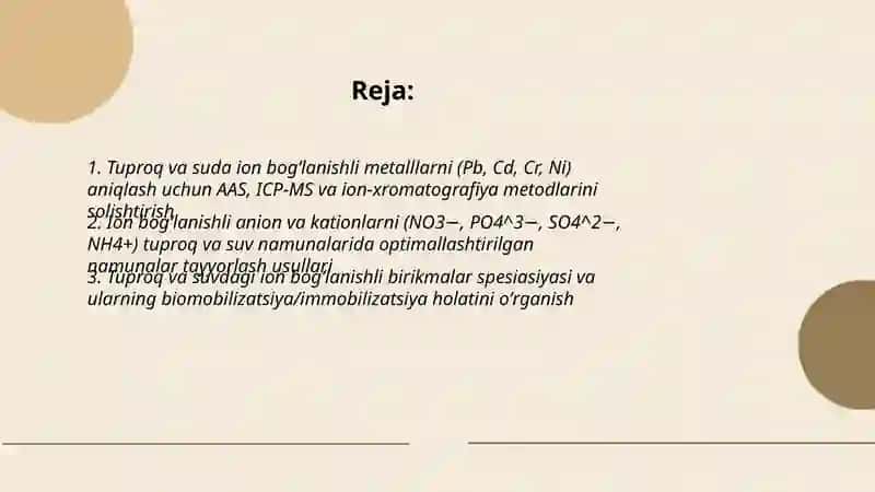Tuproq va suvning ifloslanishida ion bogʻlanishli birikmalarni aniqlab ulardan tozalash usulini ishlab chiqish 2