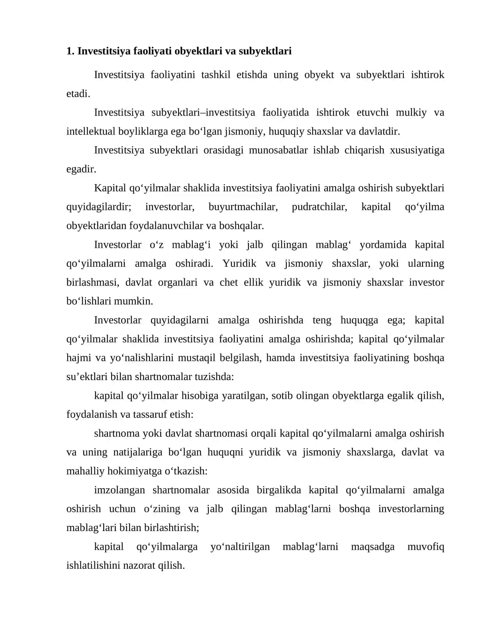Investitsiya faoliyati obyektlari, subyektlari va investitsiya faoliyatining yoʻnalishlari 2