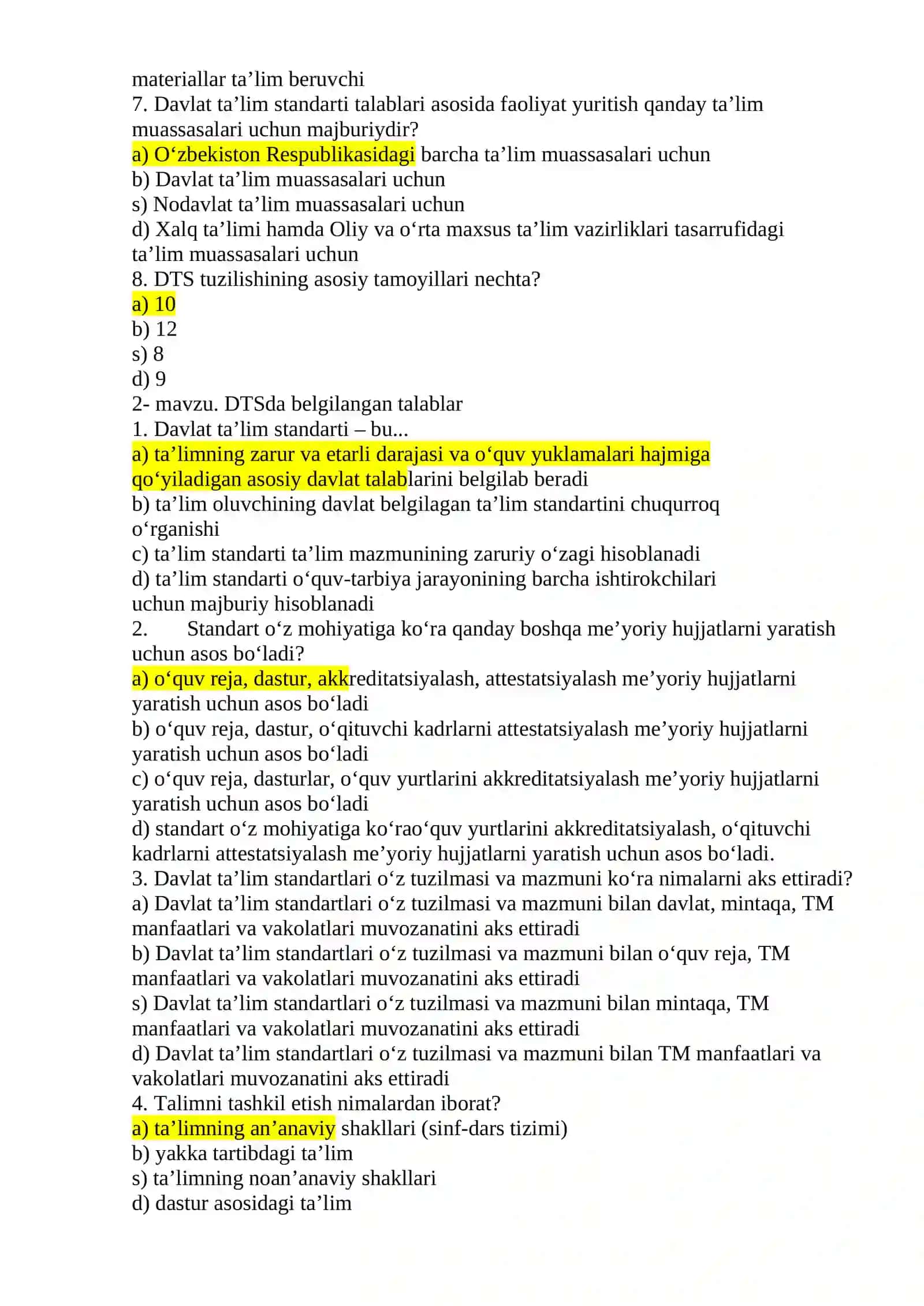 MENEJERLIK O’QUV KURSLARIDA O’QIYOTGAN  RAHBARLAR VA NOMZODLAR UCHUN TEST SAVOLLARI (JAVOBLARI  BILAN) 2