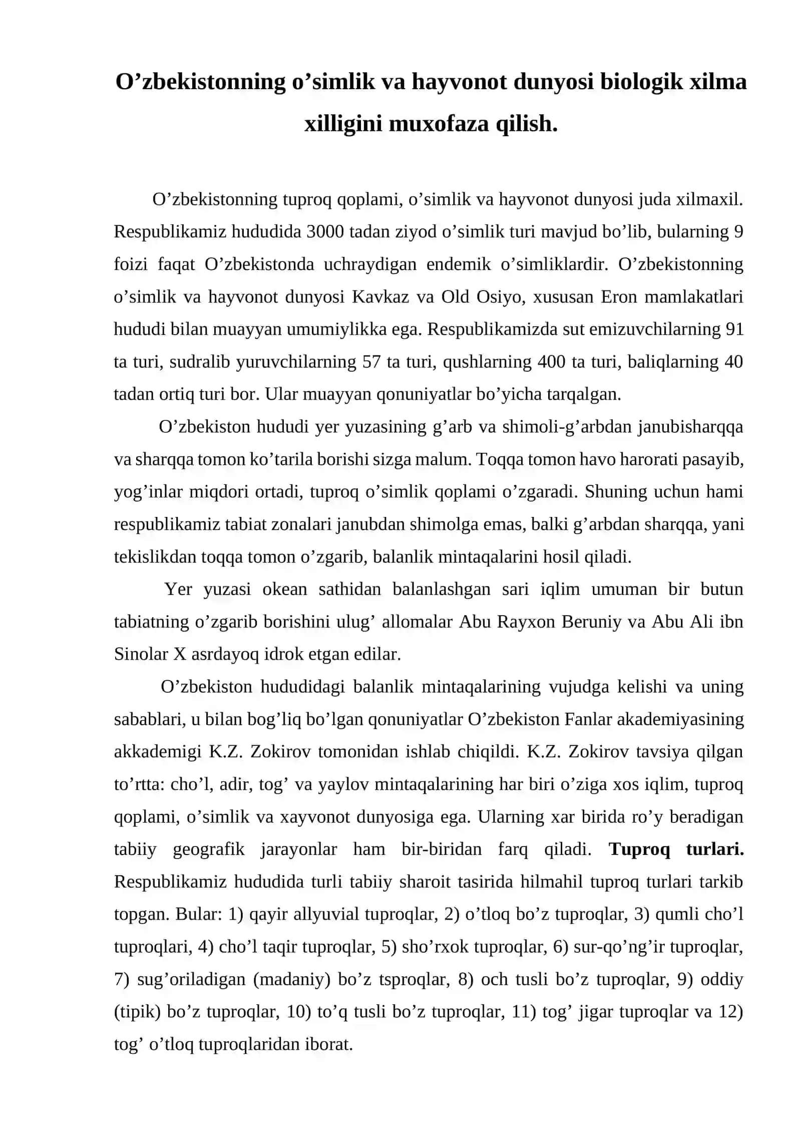 O’zbekistonning o’simlik va hayvonot dunyosi biologik xilma xilligini 2