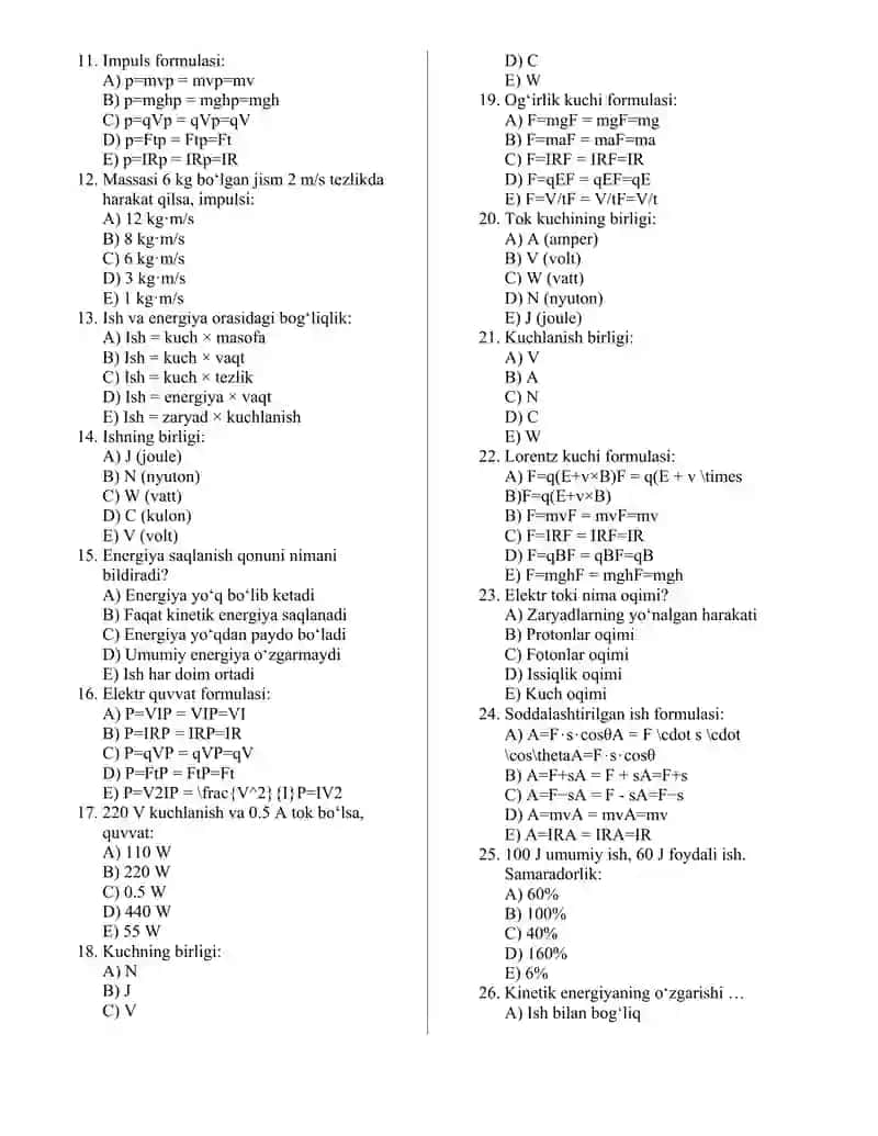 Politexnikum 1-kurslar uchun Fizika fanidan 1-semestr yakuni bo'yicha olinadigon 1-oraliq nazorat uchun test savollari javoblari bilan 4 ta variantda 30 ta'lik test 2
