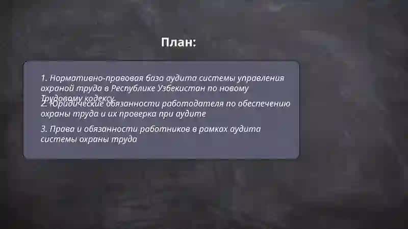 Правовые основы аудита системы управления охраной труда в организациях Республики Узбекистан по новому Трудовому кодексу 2