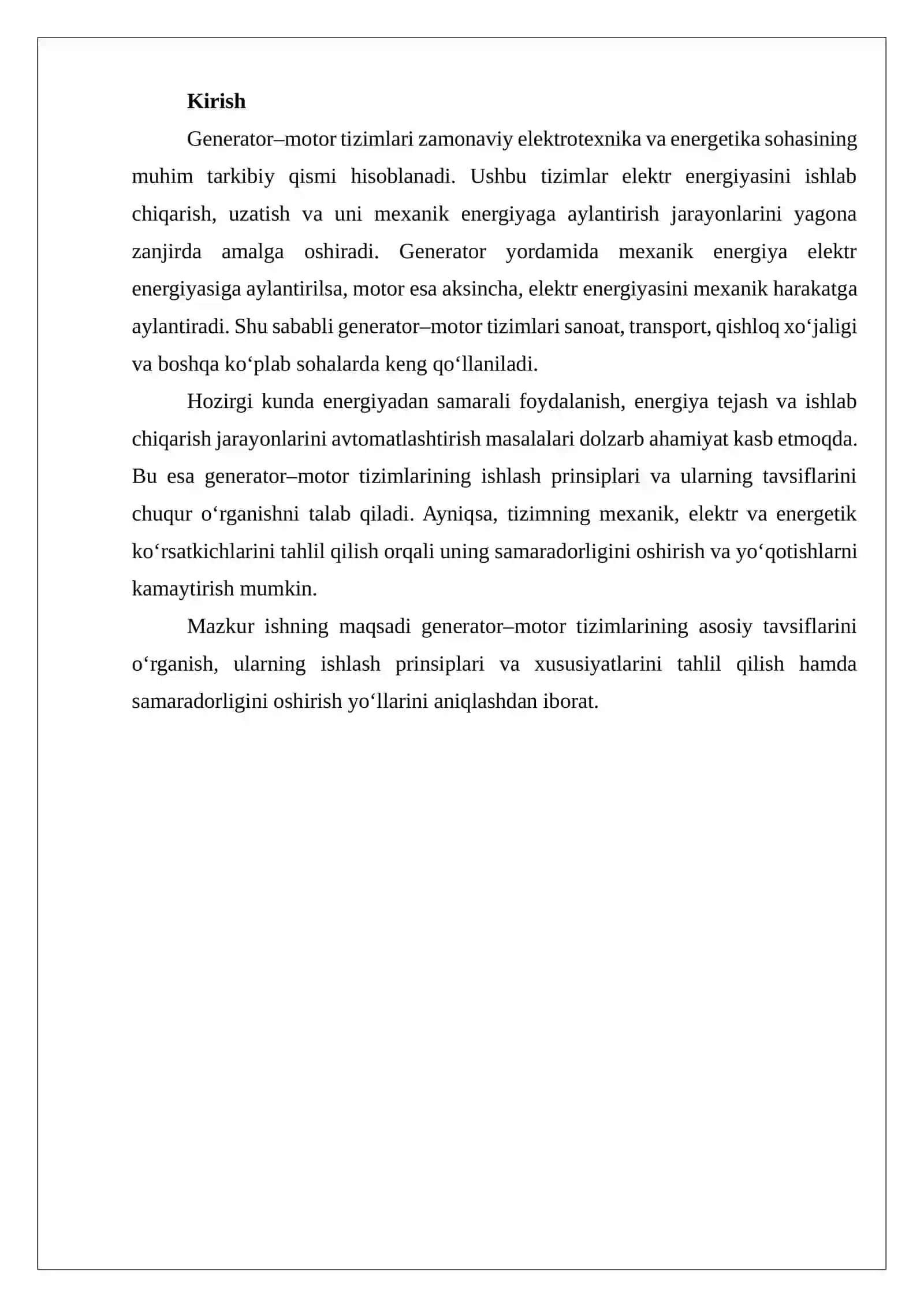 Generator–motor tizimlari tavsiflarini tahlili 2