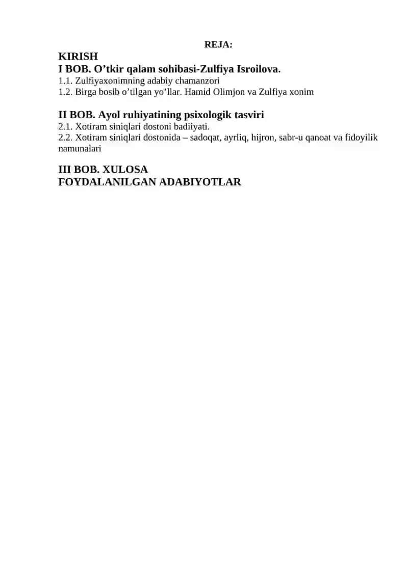 O‘ZBEK ADABIYOTI FANIDAN Zulfiyaning “Xotiram siniqlari” dostoni 2