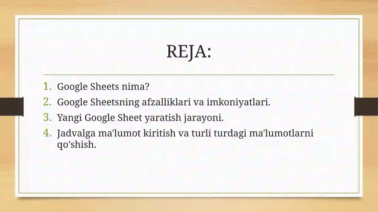 GOOGLE SHEETSDA JADVALLAR YARATISH 2