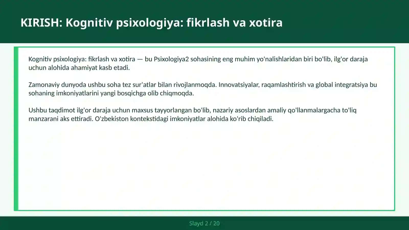 KOGNITIV PSIXOLOGIYA: FIKRLASH VA XOTIRA 2