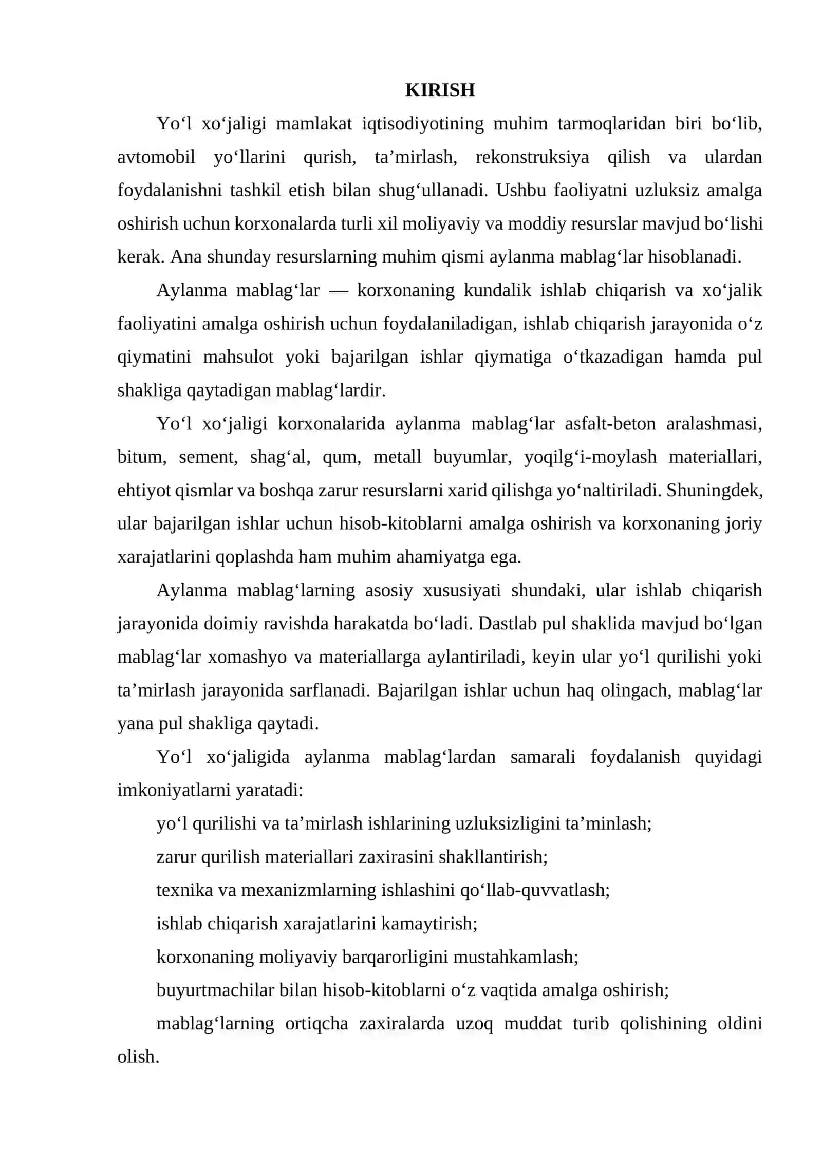 YO‘L XO‘JALIGIDA AYLANMA MABLAG‘LARNI ME'YORLASHTIRISH VA REJALASHTIRISH. 2