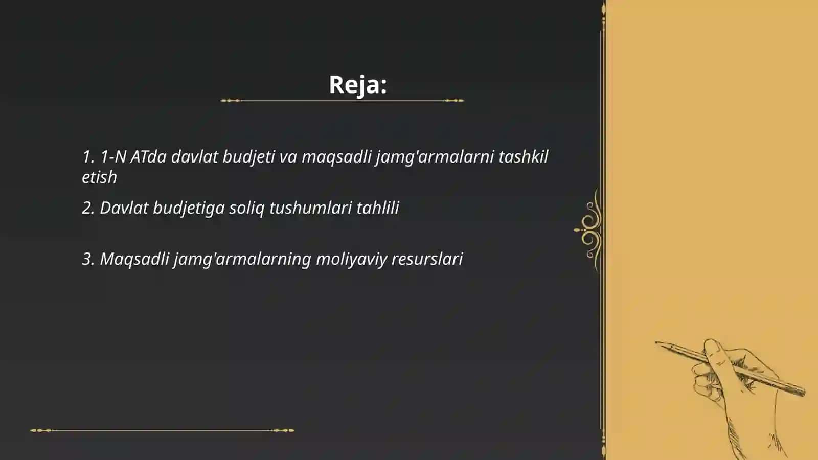 "1-N" ATda Davlat budjeti va maqsadli jamg'armalar boyicha soliq va tolovlarning tushumini tahlil qilish 2