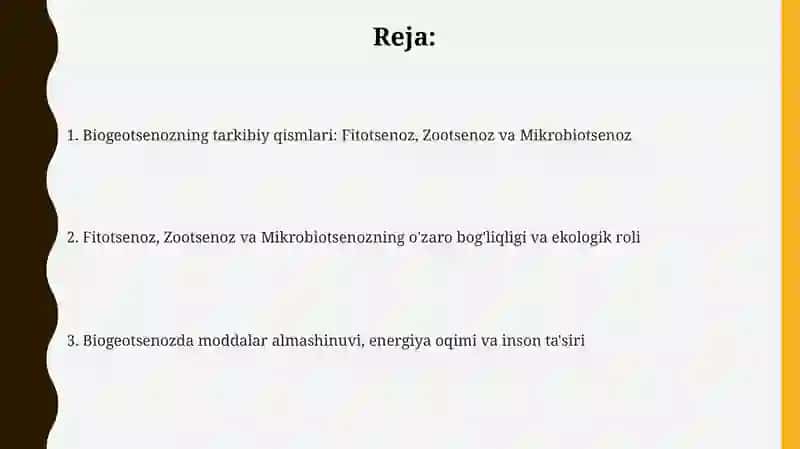 Biogeotsenozning tirik qismi fitotsenoz, zootsenoz va mikrobotsenozdir 2