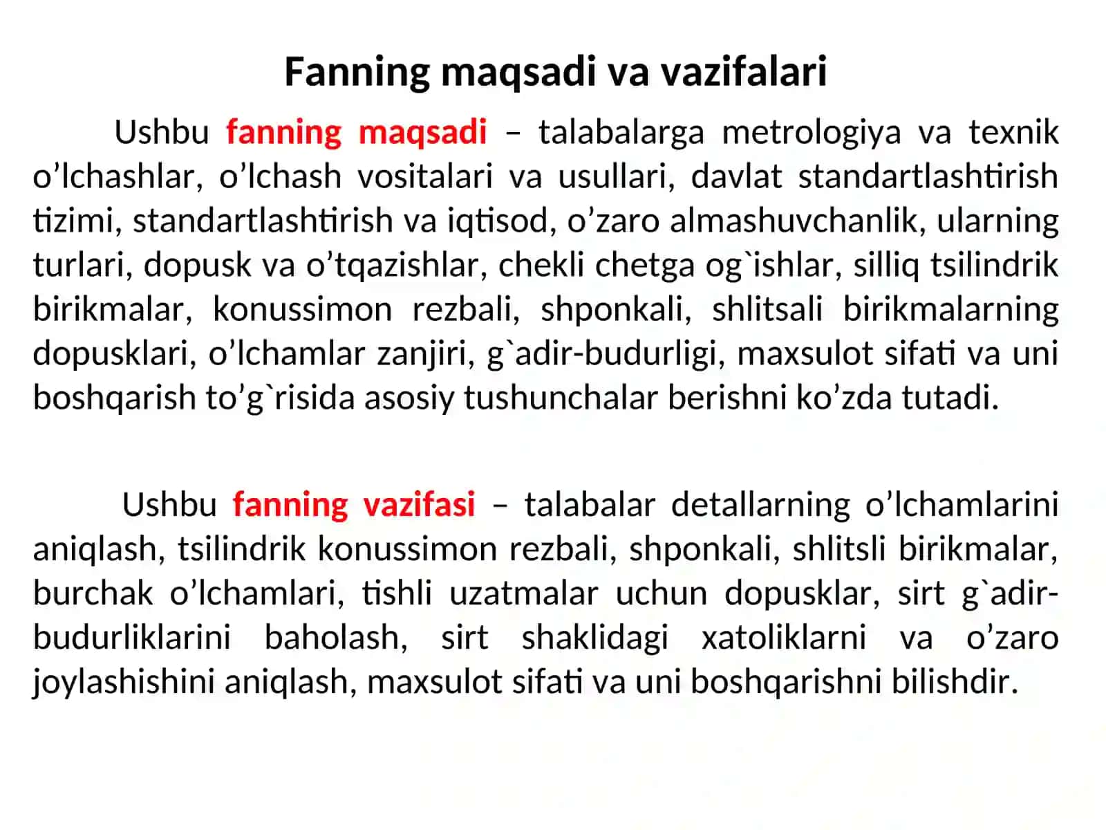 Metrologiya va texnik o‘lchashlar. «Metrologiya, standartlashtirish va sertifikatsiya» fani va uning mahsulot sifatini oshirishdagi roli 2