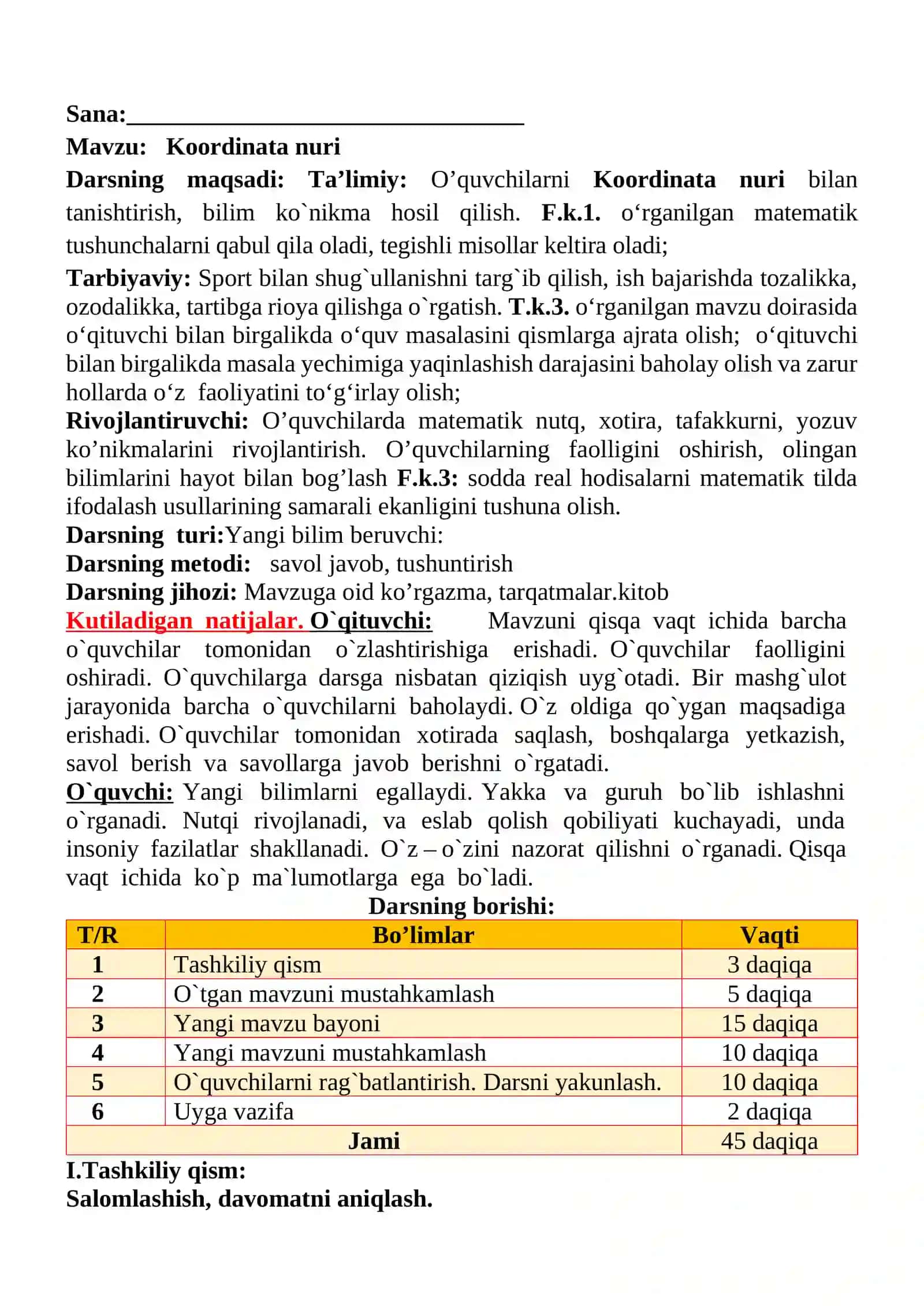 Koordinata nuri mavzusida 3-sinf Matematika fanidan dars ishlanmasi 2