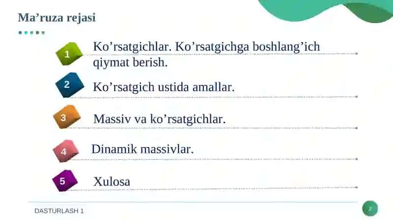 Ma’ruza rejasi Dinamik Massivlar 2