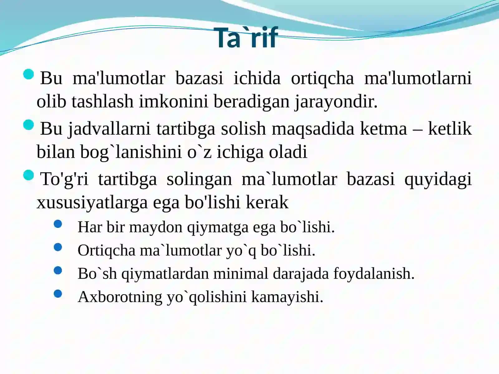 Ma’lumotlar bazasini normallashtirish. 1NF, 2NF, 3NF va Kod normal formalari 2
