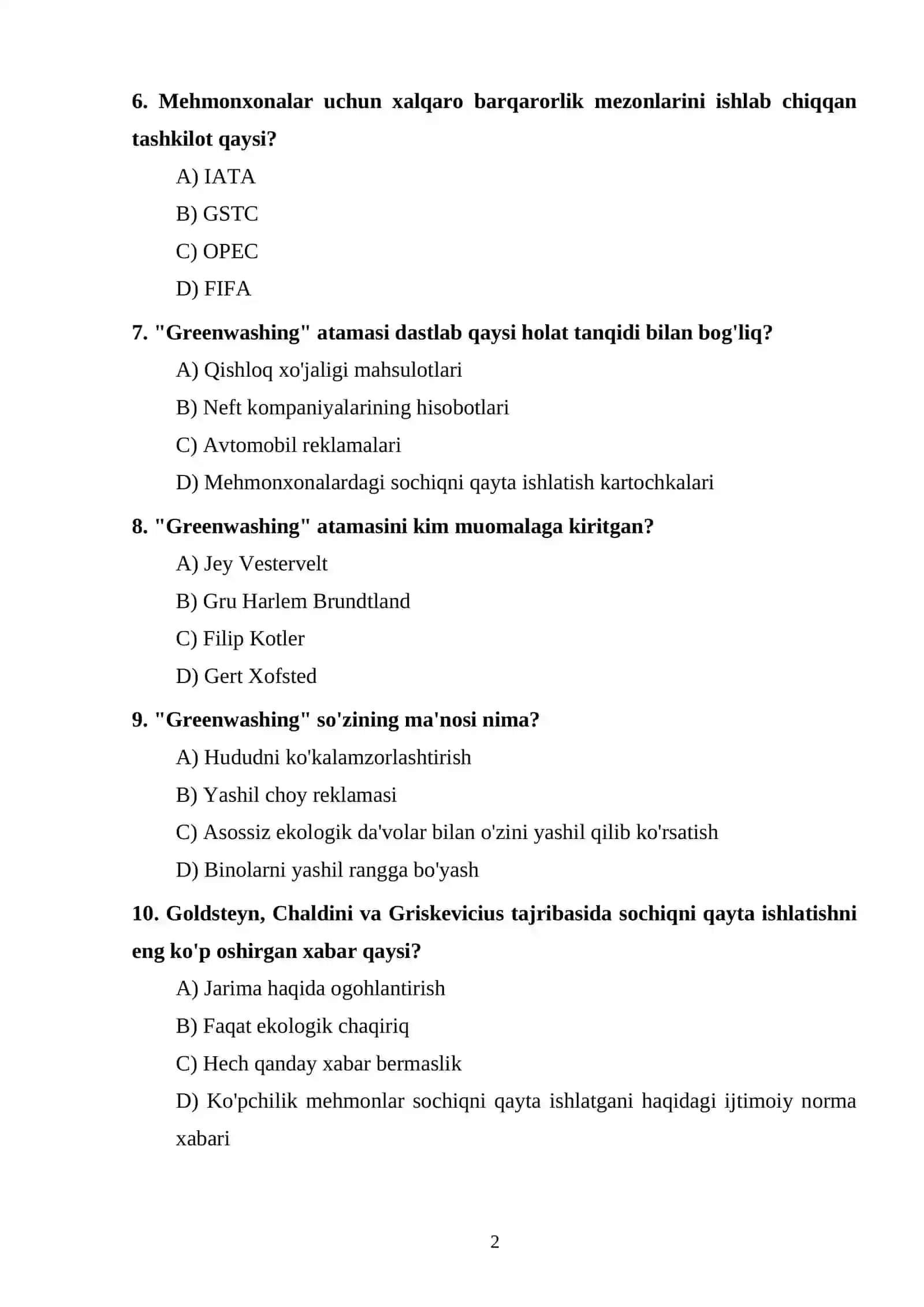 Barqaror turizm va ekologik mehmonxona boshqaruvi: "yashil mehmonxona" konsepsiyasi 2