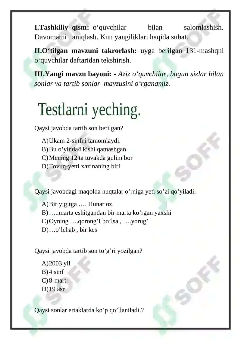 Darslarda o’quvchilarga bo’lgan sanoq va tartib sonlar haqida tushunchlarni aniqlash 2