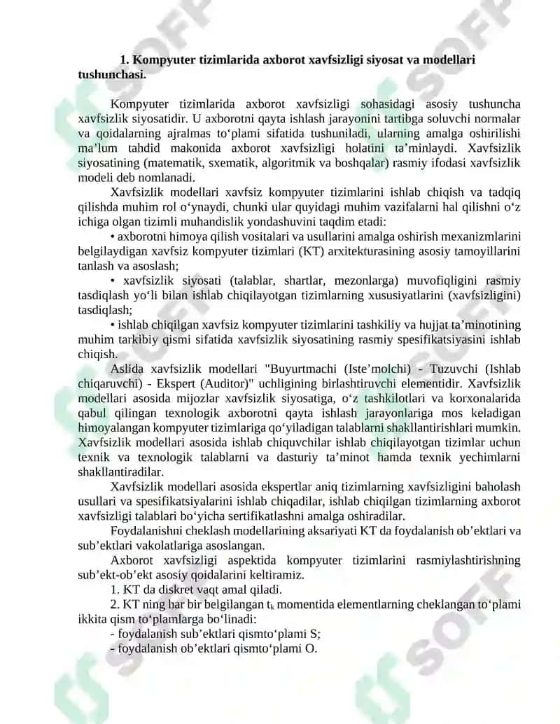 Kompyuter tizimlari va tarmoqlarida xavfsizlik siyosati va modellari 2