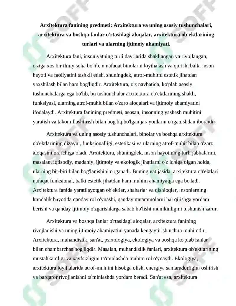 Arxitektura Fanining Predmeti, Maqsadi va Vazifalari 2