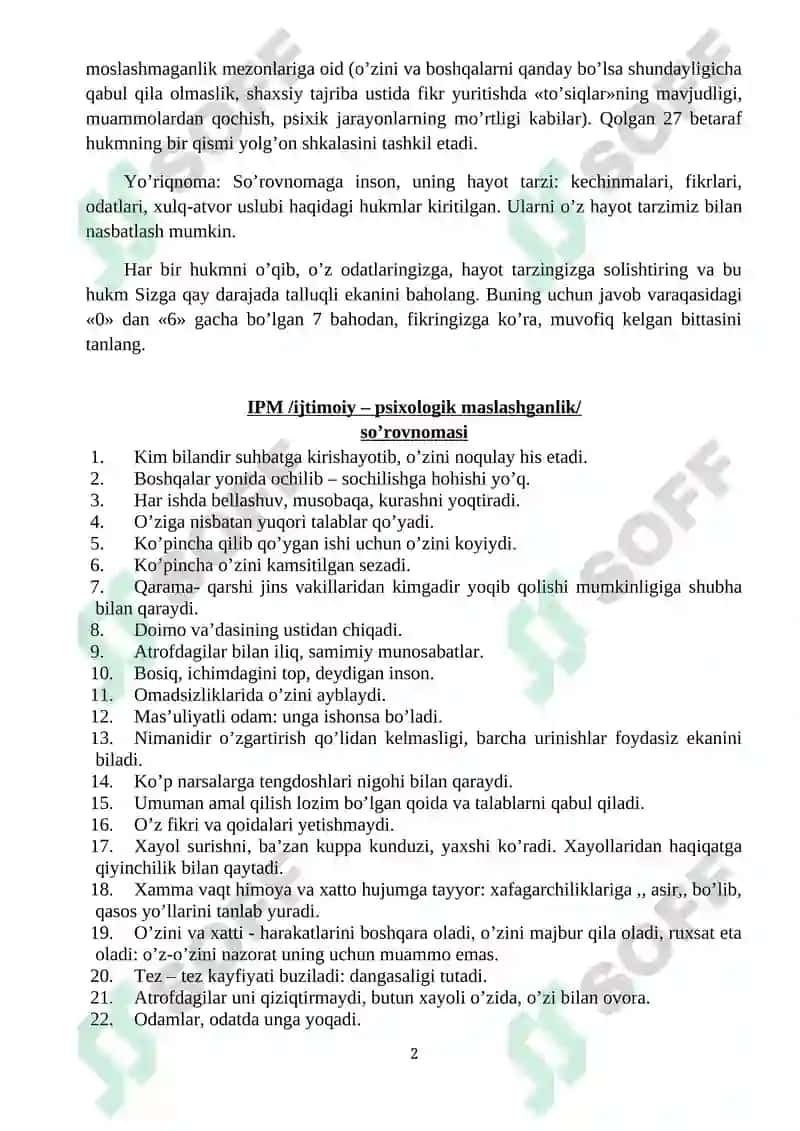 Ijtimoiy – psixologik moslashganlik shkalasi (IPM) 2
