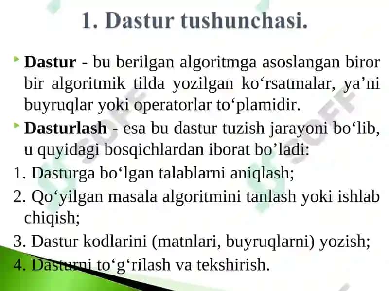 Dastur tushunchasi. Masalani tayyorlash va yechish bosqichlari. Dastur tuzish texnologiyalari. Zamonaviy dasturiy vositalar tasnifi. 2