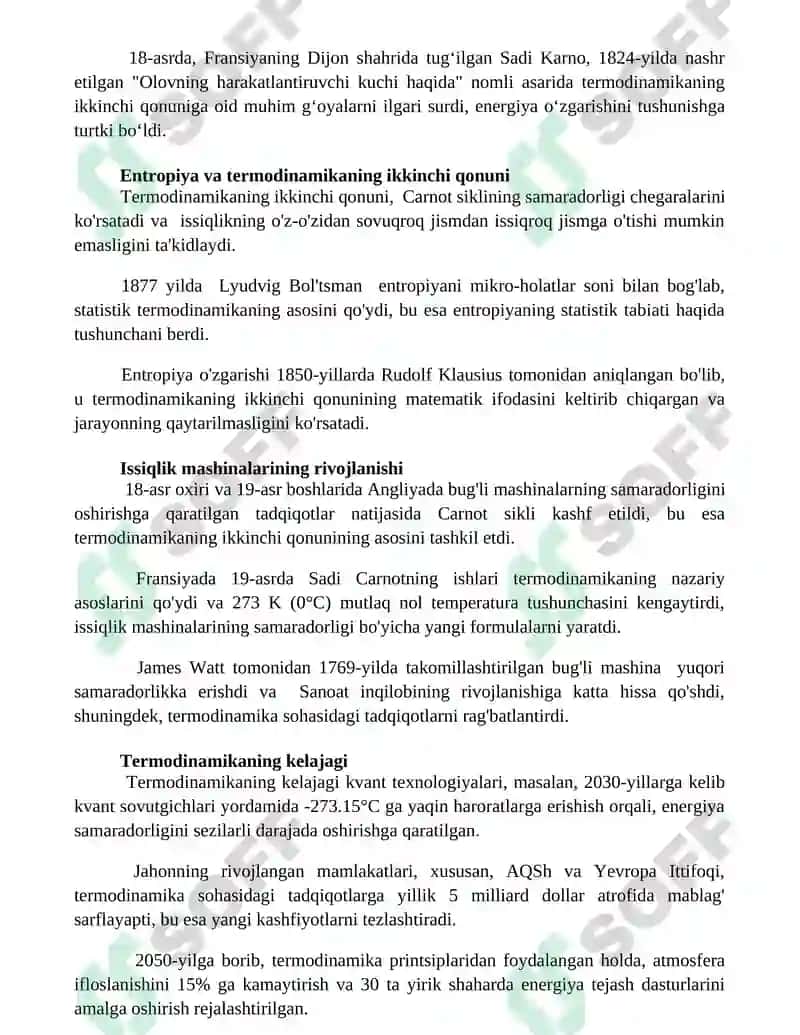 Termodinamika tarixi va bilimlar 2