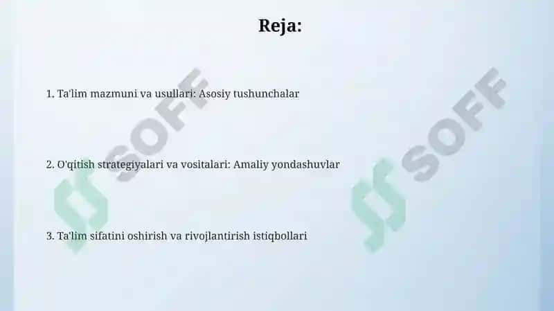 Ta‘lim mazmuni; Ta‘lim metodlari va vositalari 2