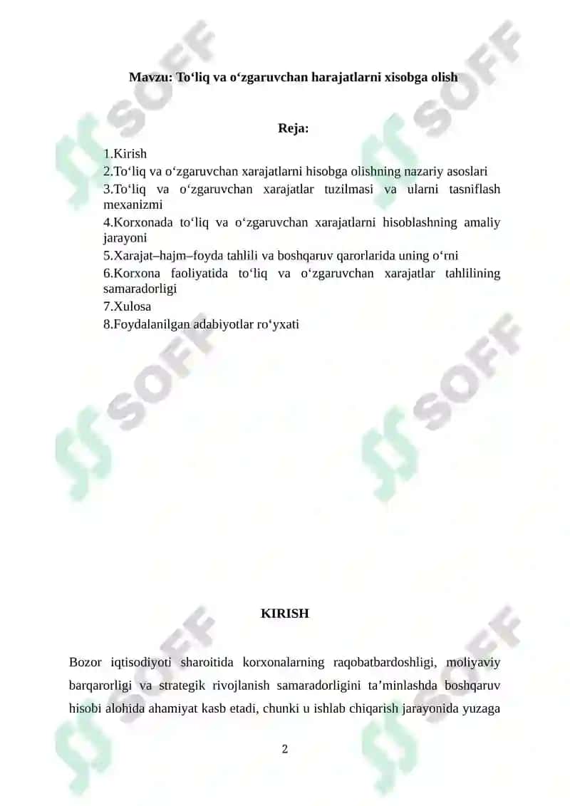 Toʻliq va oʻzgaruvchan harajatlarni xisobga olish 2