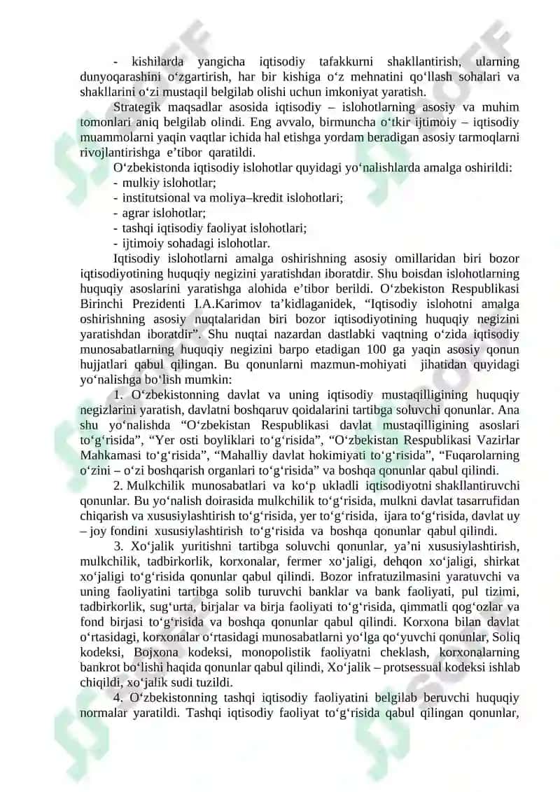 Iqtisodiy islohotlar, xususiy mulkchilikning shakllanishi. O‘zbekistonda bozor munosabatlarining rivojlanishi 2