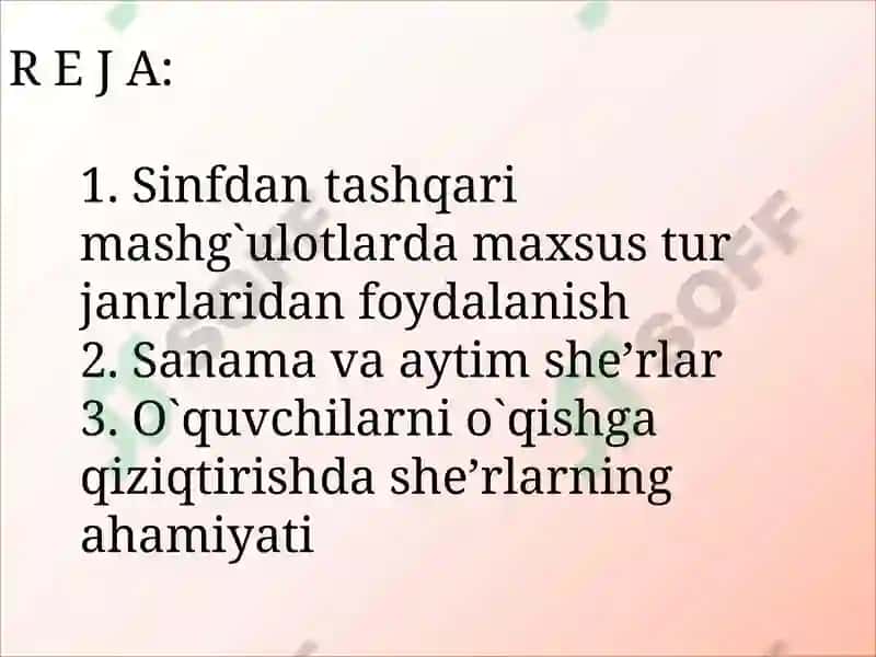 Sinfdan tashqari mashg`ulotlarda maxsus tur janrlaridan foydalanish: Sanama va aytim she’rlar 2