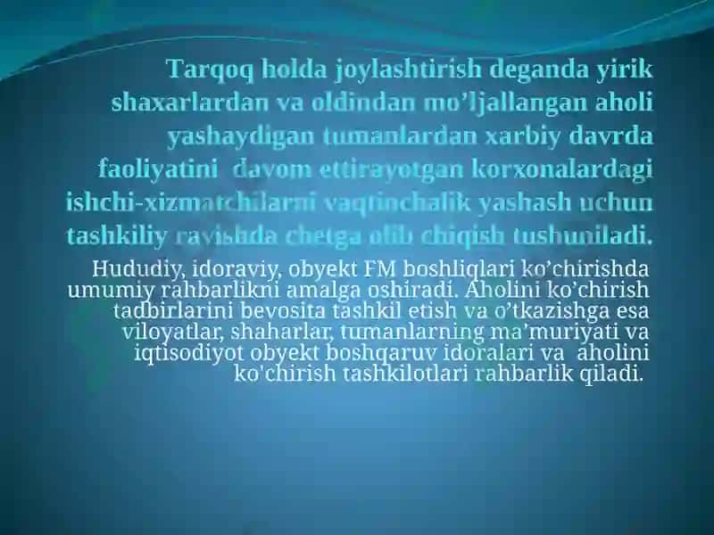 Favqulodda vaziyat xavfi tug'ilganda va sodir bo'lganda aholini evakuatsiya qilish 2