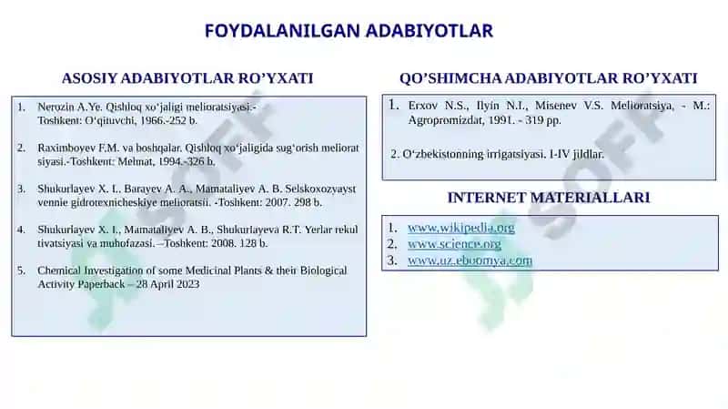 Qishloq xo‘jaligi kimyoviy melioratsiya fani predmeti.  Qishloq xo‘jaligi melioratsiyasining turlari 2
