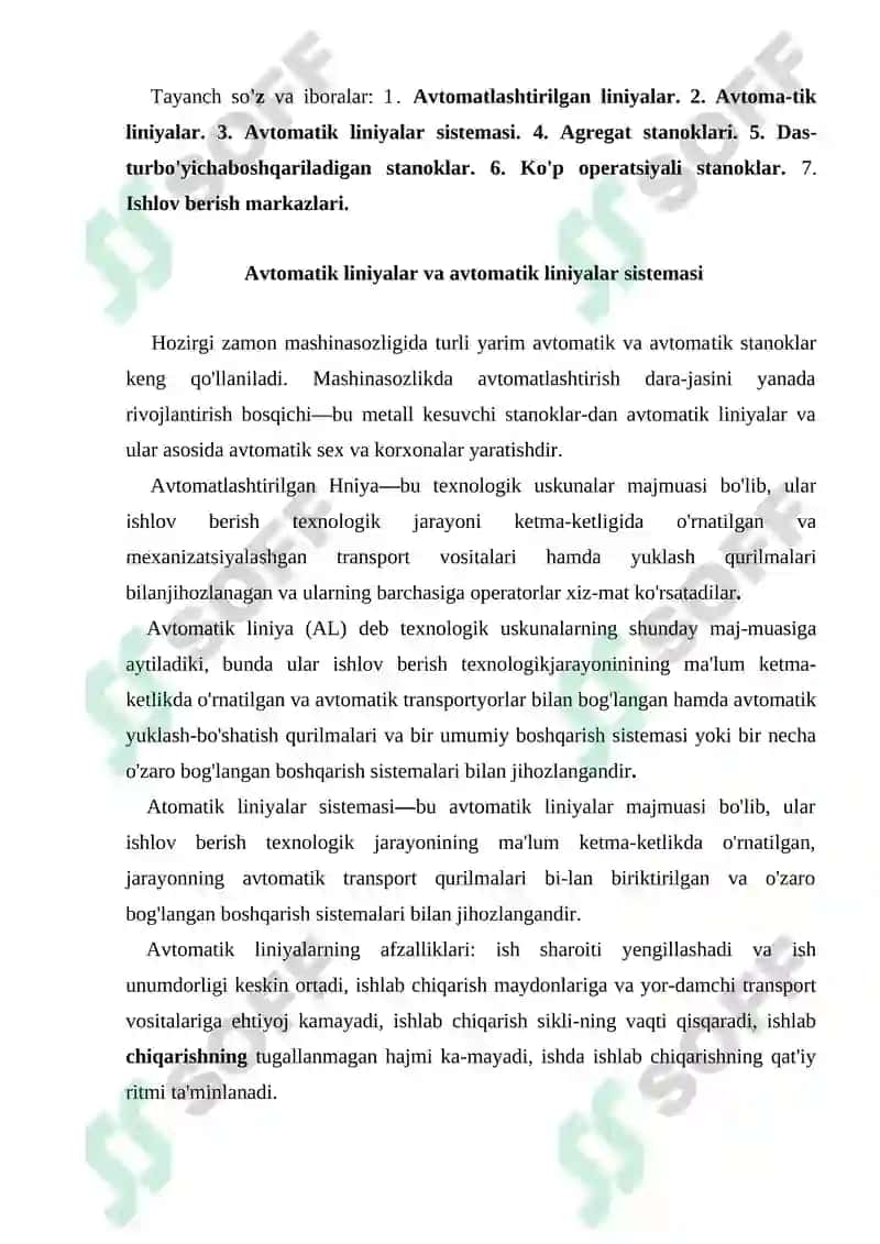 Avtomatik liniyalar, agregat stanoklari va dastur bo'yicha boshqariladigan stanoklar haqida asosiy tushunchalar 2
