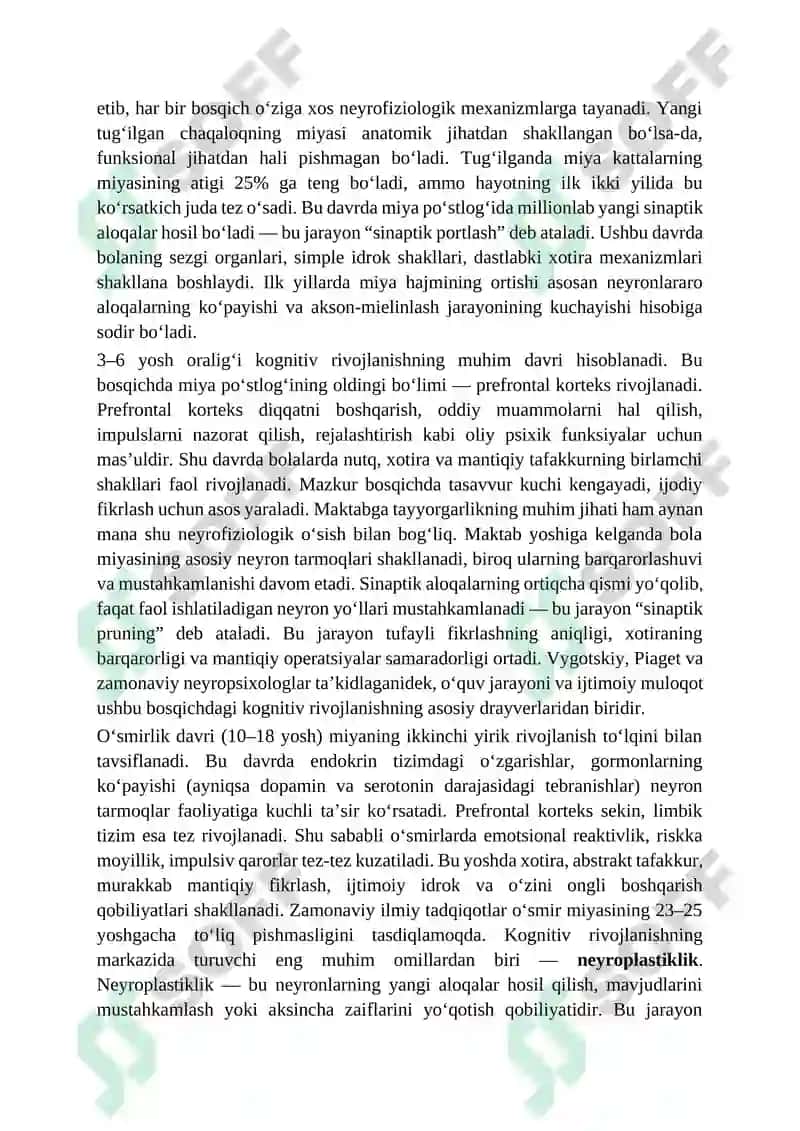 Bolalar va o‘smirlarning kognitiv rivojlanishi: miya fiziologiyasi va neyroplastiklik mexanizmlari 2